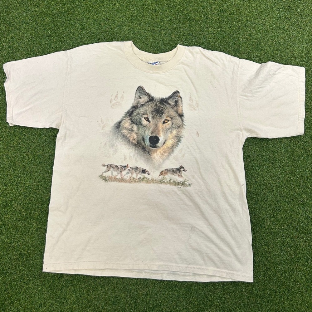 Vintage Wolf Nature Graphic T Shirt Cream XL Heavy Weight Cotton Wildlife